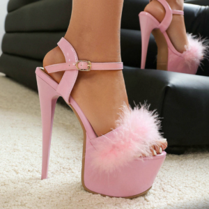 DreamCloud Feather Platform Heels – Fluffy Ankle Strap Stilettos