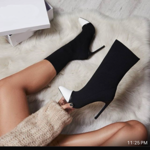 Midnight Contrast Knit Stiletto Boots – Black Stretch Fit with White Pointed Toe